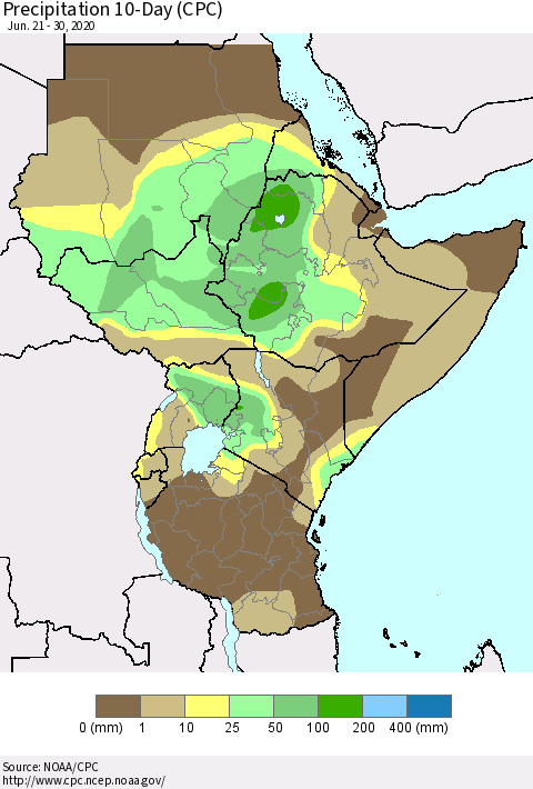 Eastern Africa Precipitation 10-Day (CPC) Thematic Map For 6/21/2020 - 6/30/2020