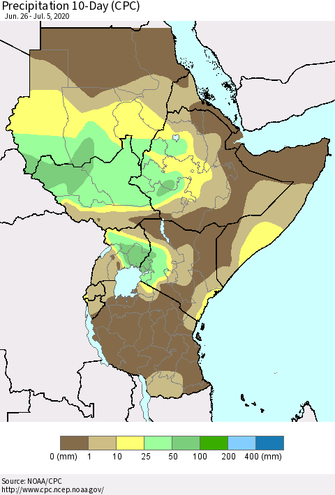 Eastern Africa Precipitation 10-Day (CPC) Thematic Map For 6/26/2020 - 7/5/2020