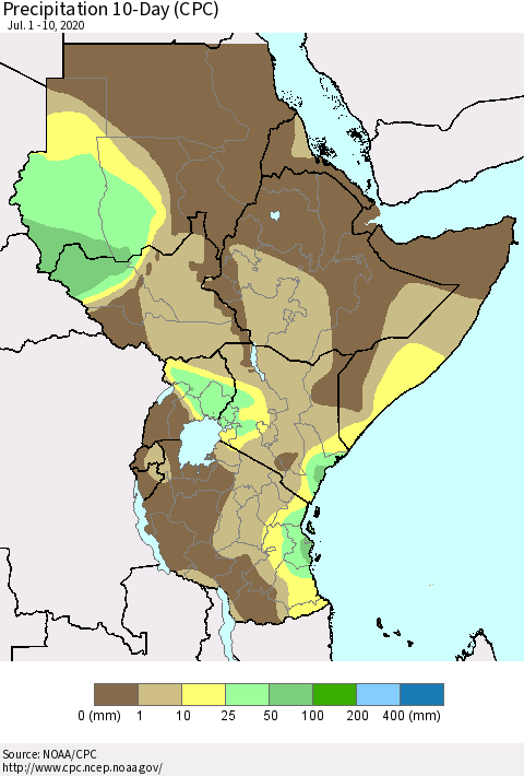 Eastern Africa Precipitation 10-Day (CPC) Thematic Map For 7/1/2020 - 7/10/2020