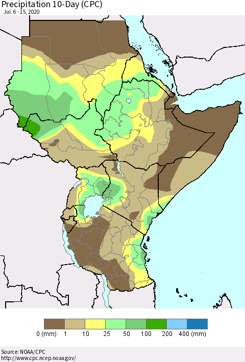 Eastern Africa Precipitation 10-Day (CPC) Thematic Map For 7/6/2020 - 7/15/2020