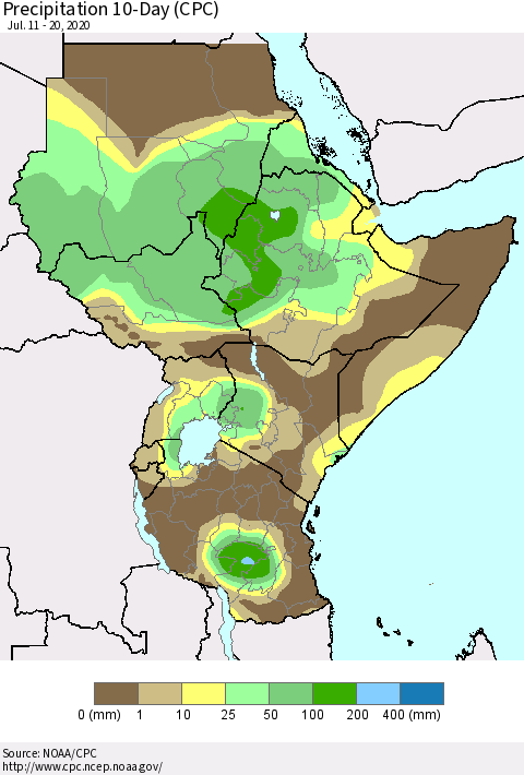 Eastern Africa Precipitation 10-Day (CPC) Thematic Map For 7/11/2020 - 7/20/2020