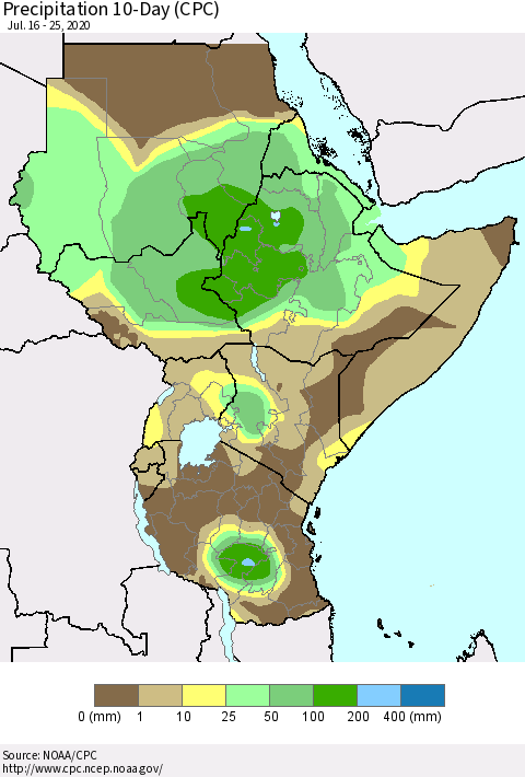 Eastern Africa Precipitation 10-Day (CPC) Thematic Map For 7/16/2020 - 7/25/2020