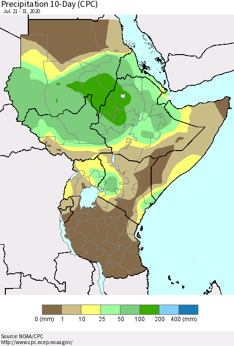 Eastern Africa Precipitation 10-Day (CPC) Thematic Map For 7/21/2020 - 7/31/2020