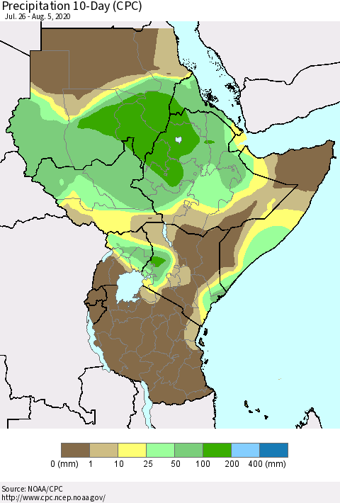 Eastern Africa Precipitation 10-Day (CPC) Thematic Map For 7/26/2020 - 8/5/2020
