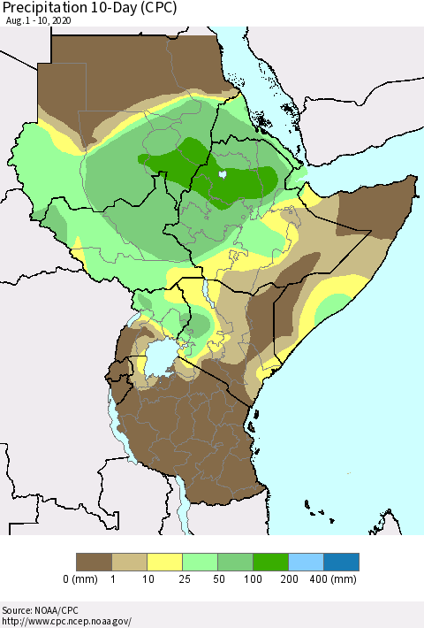 Eastern Africa Precipitation 10-Day (CPC) Thematic Map For 8/1/2020 - 8/10/2020