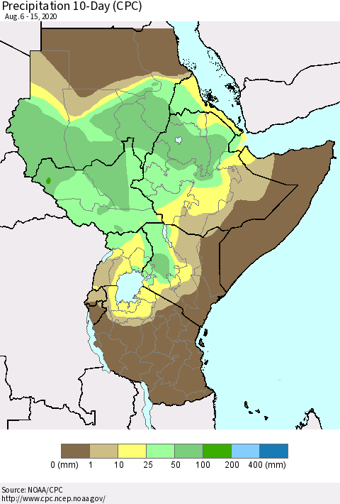 Eastern Africa Precipitation 10-Day (CPC) Thematic Map For 8/6/2020 - 8/15/2020