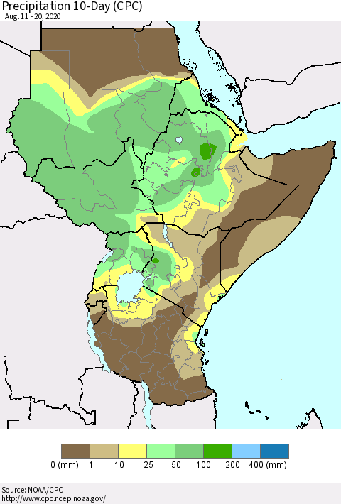 Eastern Africa Precipitation 10-Day (CPC) Thematic Map For 8/11/2020 - 8/20/2020
