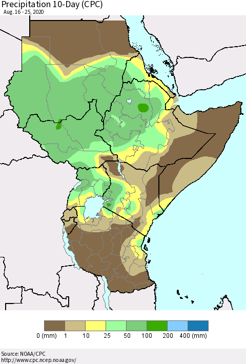 Eastern Africa Precipitation 10-Day (CPC) Thematic Map For 8/16/2020 - 8/25/2020