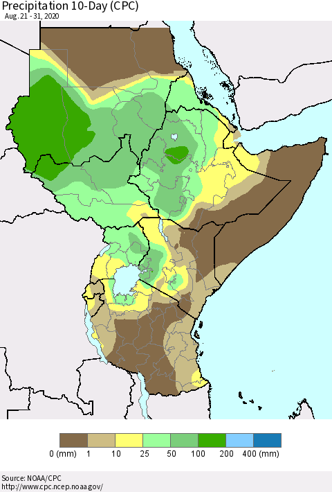 Eastern Africa Precipitation 10-Day (CPC) Thematic Map For 8/21/2020 - 8/31/2020
