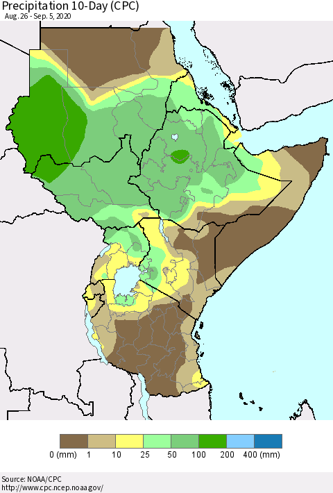 Eastern Africa Precipitation 10-Day (CPC) Thematic Map For 8/26/2020 - 9/5/2020