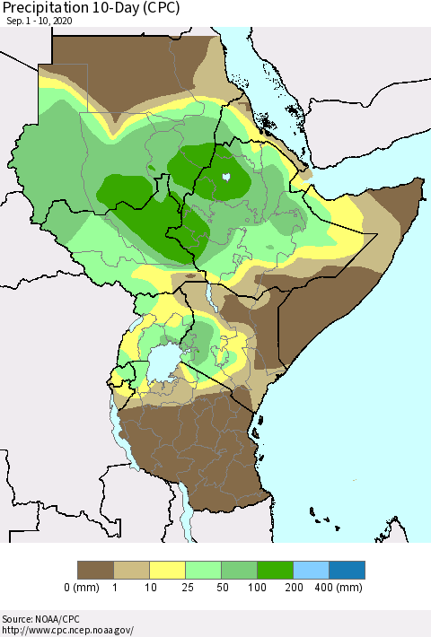 Eastern Africa Precipitation 10-Day (CPC) Thematic Map For 9/1/2020 - 9/10/2020