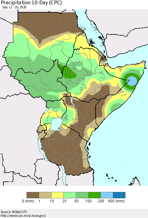 Eastern Africa Precipitation 10-Day (CPC) Thematic Map For 9/11/2020 - 9/20/2020