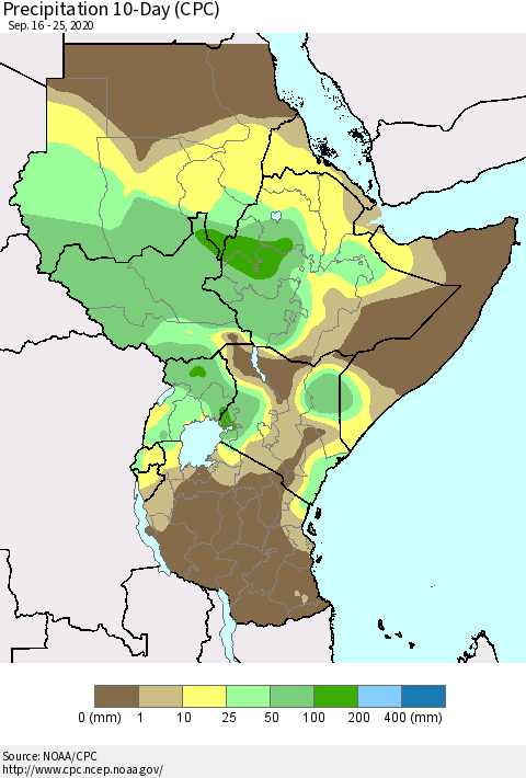 Eastern Africa Precipitation 10-Day (CPC) Thematic Map For 9/16/2020 - 9/25/2020