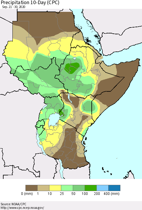 Eastern Africa Precipitation 10-Day (CPC) Thematic Map For 9/21/2020 - 9/30/2020