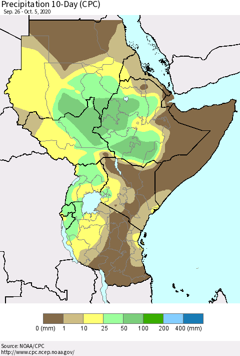 Eastern Africa Precipitation 10-Day (CPC) Thematic Map For 9/26/2020 - 10/5/2020