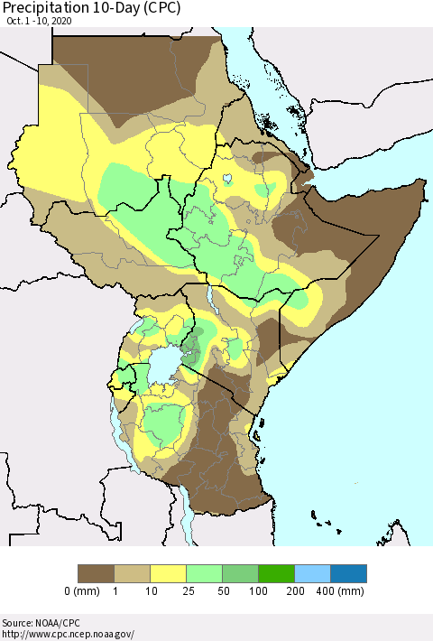 Eastern Africa Precipitation 10-Day (CPC) Thematic Map For 10/1/2020 - 10/10/2020