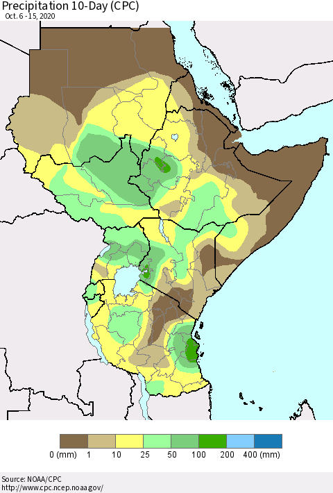 Eastern Africa Precipitation 10-Day (CPC) Thematic Map For 10/6/2020 - 10/15/2020