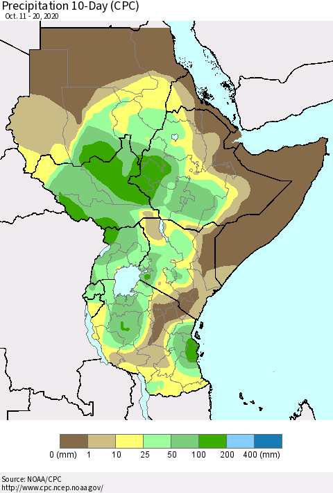 Eastern Africa Precipitation 10-Day (CPC) Thematic Map For 10/11/2020 - 10/20/2020