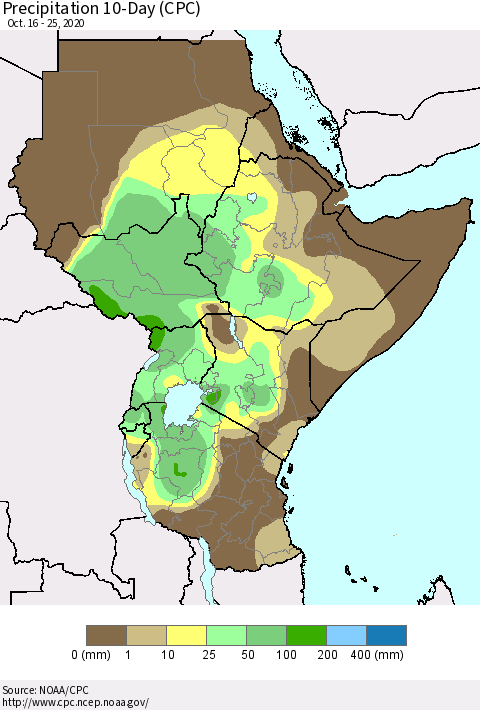 Eastern Africa Precipitation 10-Day (CPC) Thematic Map For 10/16/2020 - 10/25/2020