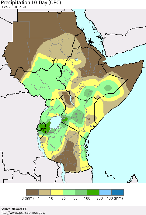 Eastern Africa Precipitation 10-Day (CPC) Thematic Map For 10/21/2020 - 10/31/2020