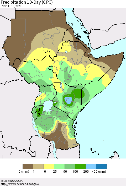 Eastern Africa Precipitation 10-Day (CPC) Thematic Map For 11/1/2020 - 11/10/2020