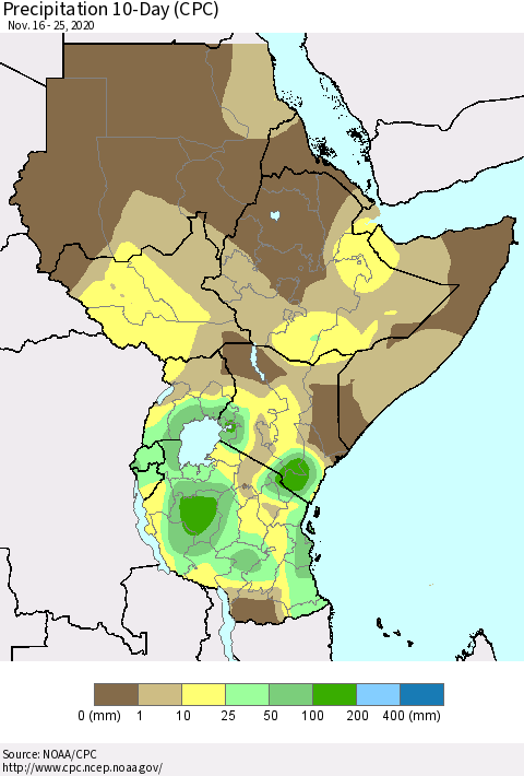Eastern Africa Precipitation 10-Day (CPC) Thematic Map For 11/16/2020 - 11/25/2020