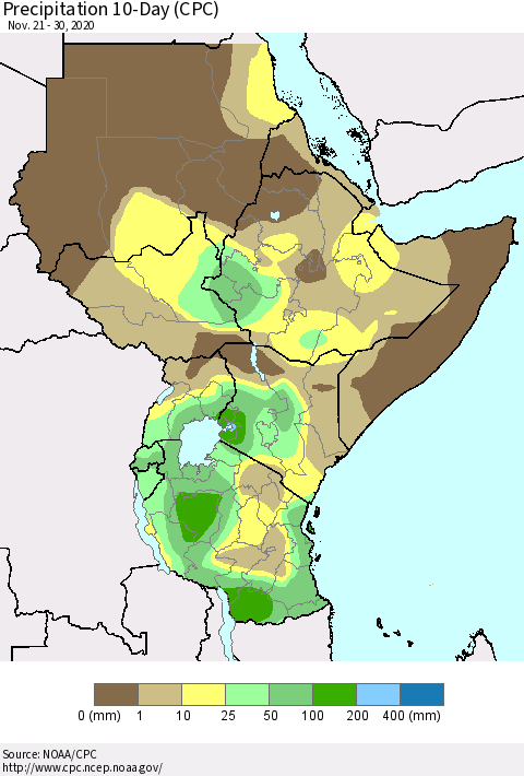 Eastern Africa Precipitation 10-Day (CPC) Thematic Map For 11/21/2020 - 11/30/2020