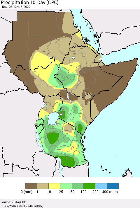 Eastern Africa Precipitation 10-Day (CPC) Thematic Map For 11/26/2020 - 12/5/2020