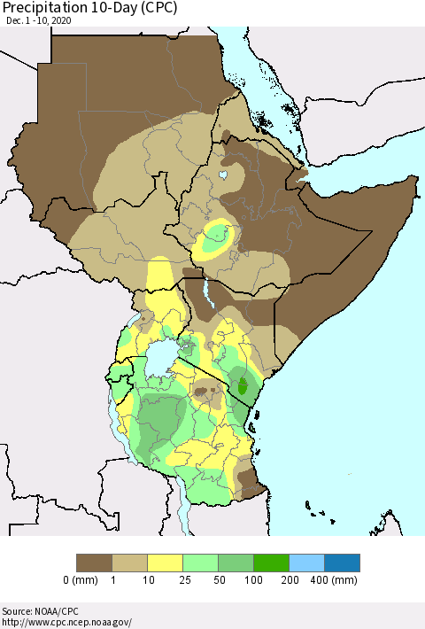 Eastern Africa Precipitation 10-Day (CPC) Thematic Map For 12/1/2020 - 12/10/2020