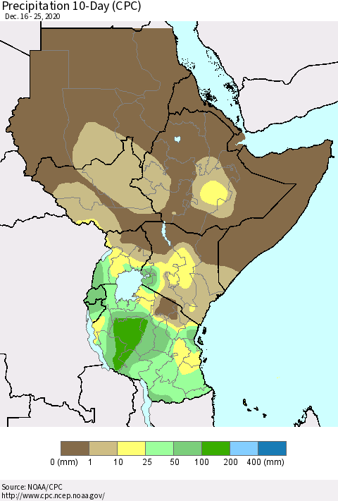 Eastern Africa Precipitation 10-Day (CPC) Thematic Map For 12/16/2020 - 12/25/2020