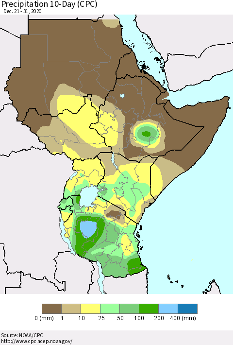Eastern Africa Precipitation 10-Day (CPC) Thematic Map For 12/21/2020 - 12/31/2020