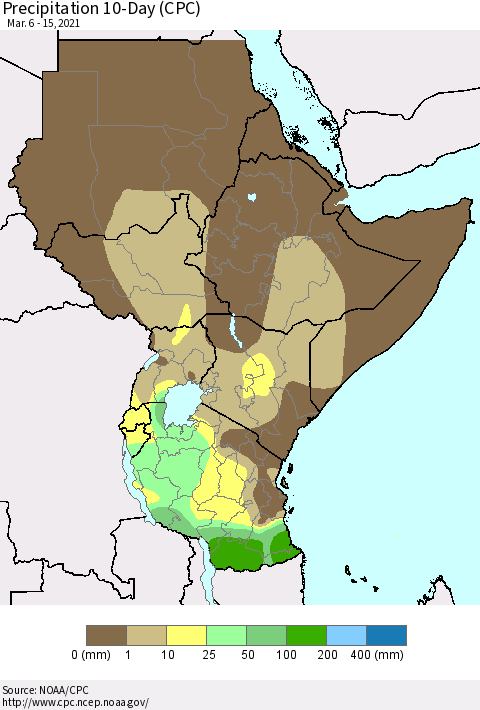 Eastern Africa Precipitation 10-Day (CPC) Thematic Map For 3/6/2021 - 3/15/2021