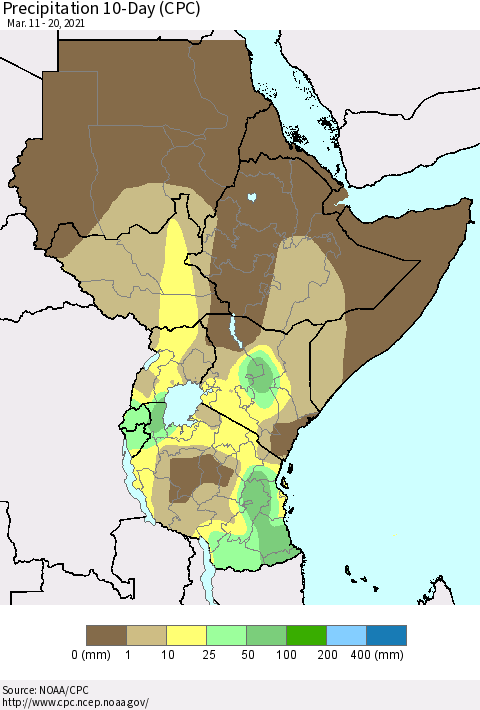 Eastern Africa Precipitation 10-Day (CPC) Thematic Map For 3/11/2021 - 3/20/2021