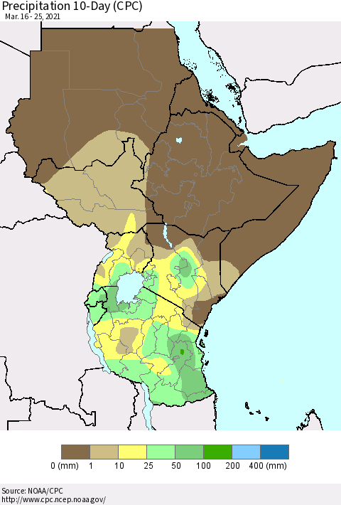 Eastern Africa Precipitation 10-Day (CPC) Thematic Map For 3/16/2021 - 3/25/2021