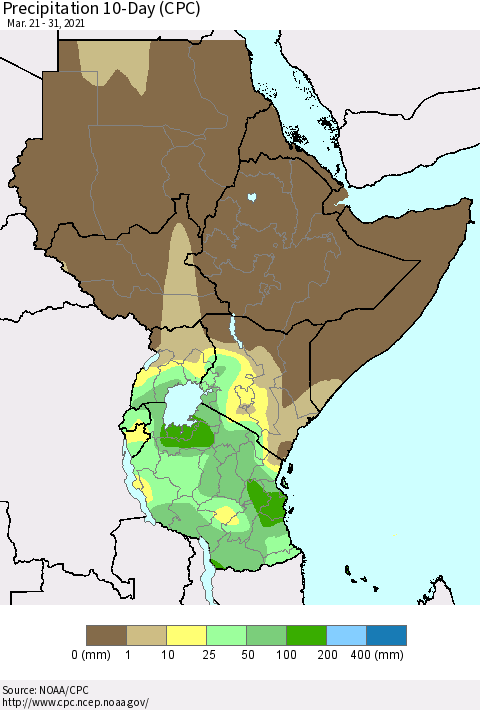 Eastern Africa Precipitation 10-Day (CPC) Thematic Map For 3/21/2021 - 3/31/2021