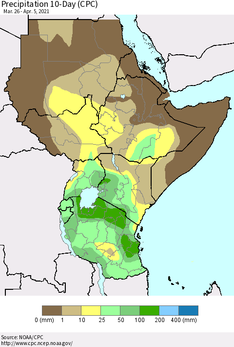 Eastern Africa Precipitation 10-Day (CPC) Thematic Map For 3/26/2021 - 4/5/2021