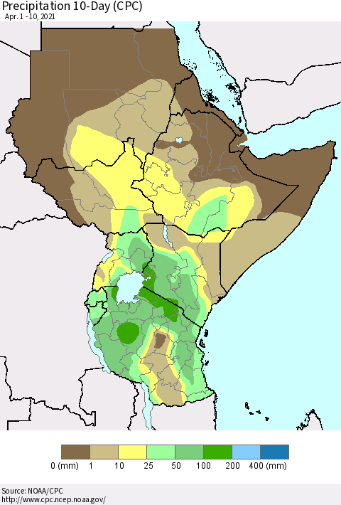 Eastern Africa Precipitation 10-Day (CPC) Thematic Map For 4/1/2021 - 4/10/2021