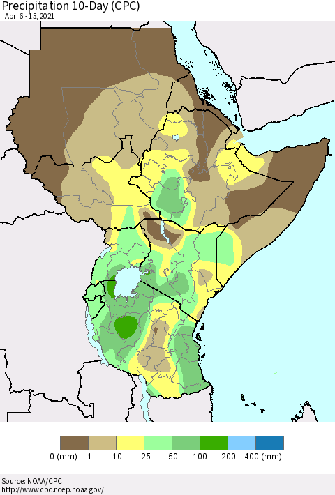 Eastern Africa Precipitation 10-Day (CPC) Thematic Map For 4/6/2021 - 4/15/2021