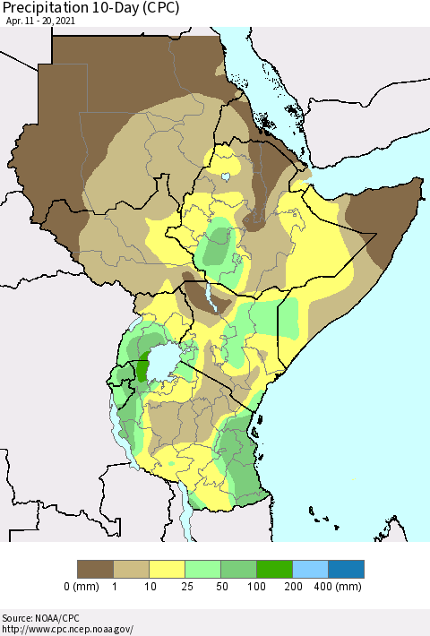 Eastern Africa Precipitation 10-Day (CPC) Thematic Map For 4/11/2021 - 4/20/2021