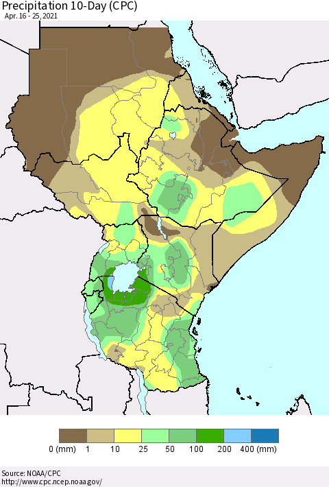 Eastern Africa Precipitation 10-Day (CPC) Thematic Map For 4/16/2021 - 4/25/2021