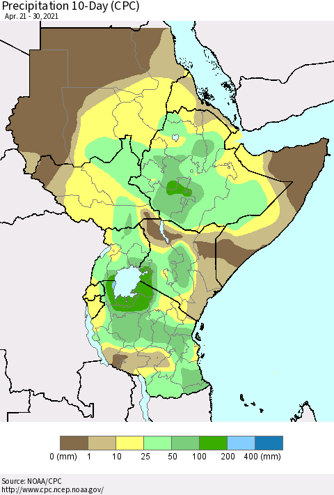 Eastern Africa Precipitation 10-Day (CPC) Thematic Map For 4/21/2021 - 4/30/2021