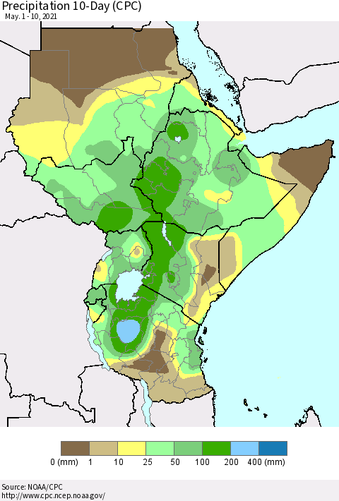 Eastern Africa Precipitation 10-Day (CPC) Thematic Map For 5/1/2021 - 5/10/2021
