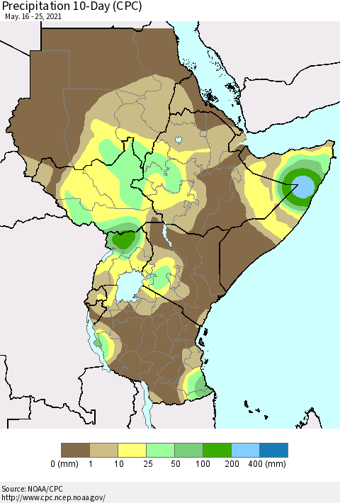 Eastern Africa Precipitation 10-Day (CPC) Thematic Map For 5/16/2021 - 5/25/2021