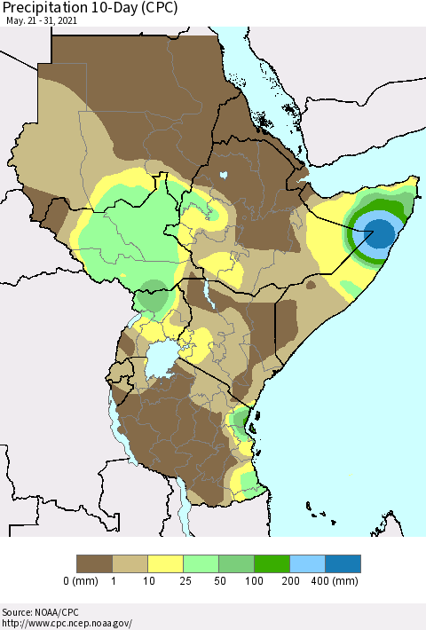 Eastern Africa Precipitation 10-Day (CPC) Thematic Map For 5/21/2021 - 5/31/2021