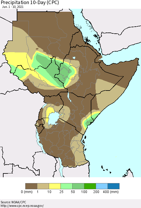 Eastern Africa Precipitation 10-Day (CPC) Thematic Map For 6/1/2021 - 6/10/2021
