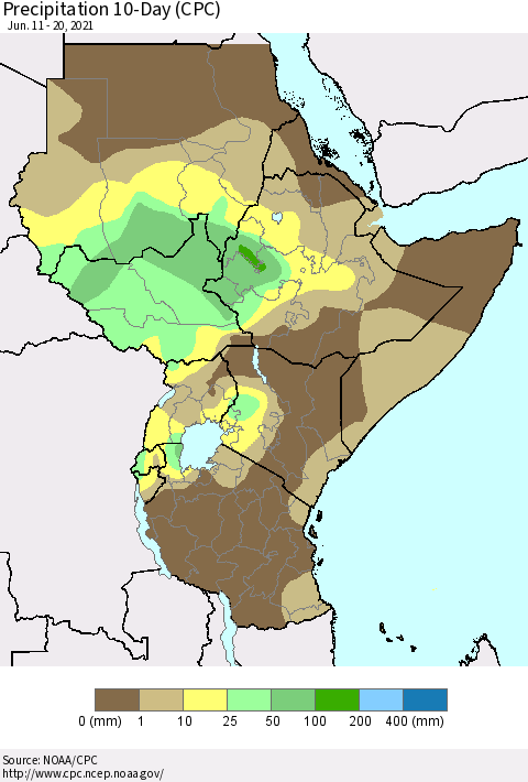 Eastern Africa Precipitation 10-Day (CPC) Thematic Map For 6/11/2021 - 6/20/2021