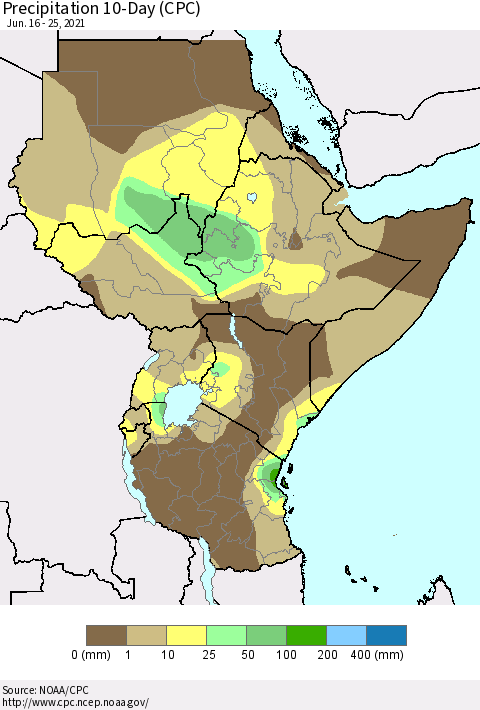 Eastern Africa Precipitation 10-Day (CPC) Thematic Map For 6/16/2021 - 6/25/2021