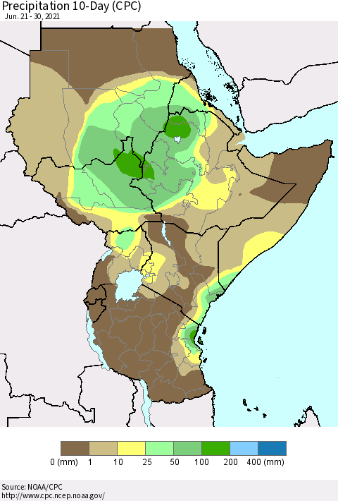 Eastern Africa Precipitation 10-Day (CPC) Thematic Map For 6/21/2021 - 6/30/2021