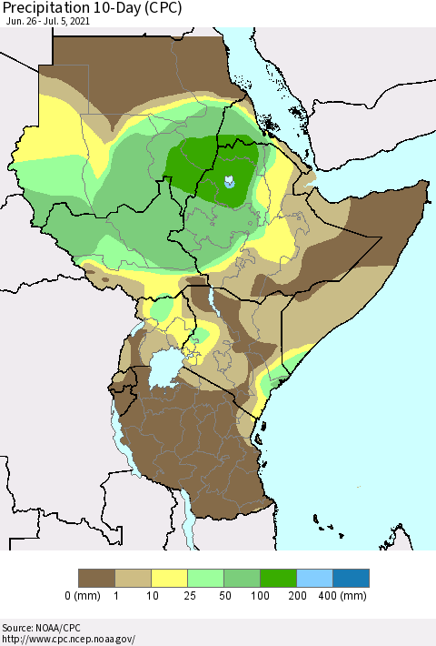 Eastern Africa Precipitation 10-Day (CPC) Thematic Map For 6/26/2021 - 7/5/2021