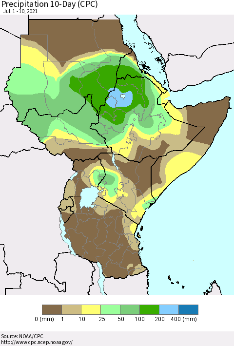 Eastern Africa Precipitation 10-Day (CPC) Thematic Map For 7/1/2021 - 7/10/2021
